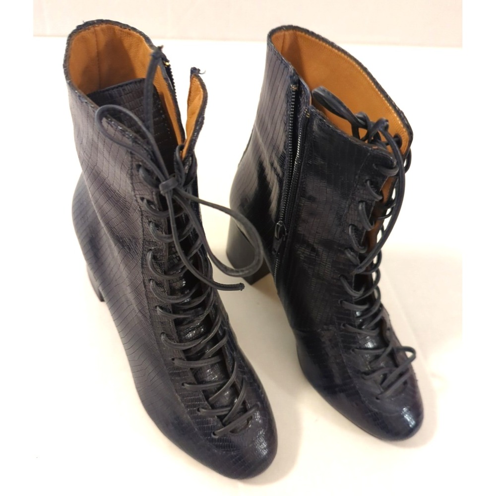 New SEZANE Lizard Leather Lace up Boots 36 Navy Blue Made Portugal Money Honey